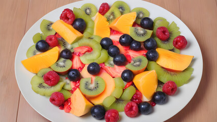 Top view of fruit salad on plate, background, Generative AI