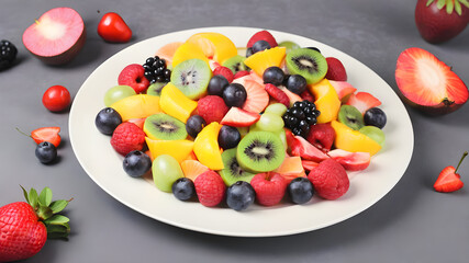 Top view of fruit salad on plate, background, Generative AI