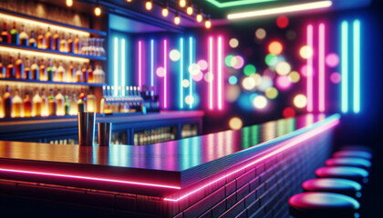 Modern Neon-Lit Bar Interior With Colorful Lights and Stocked Shelves in the Evening
