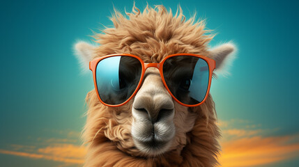 Realistic photo of Cheerful funny camel wearing sunglasses on light blue background