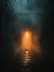 Fototapeta premium Mysterious Foggy Train Tunnel at Night