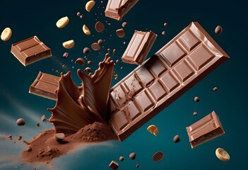 Chocolate bar pieces explosion chunk candy broken isolated milk cocoa fly matellic background with...