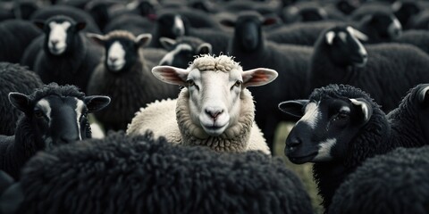 White sheep among group of black sheep, Concept of different, unique and special skills among the...