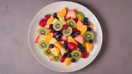 Top view of fruit salad on plate, background, Generative AI