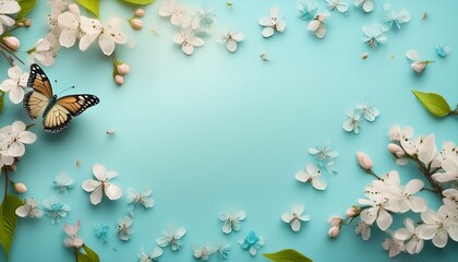 Beautiful spring nature background with butterfly, lovely blossom, petal a on turquoise blue...