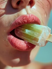 Fototapeta premium Pretty girl enjoying ice cream - a delightful moment captured, as a young woman savors the sweetness of ice cream, radiating joy and enjoyment in a simple pleasure.