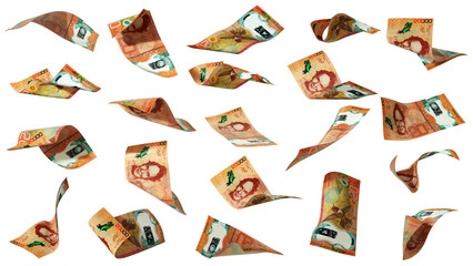 3D rendering of Set of Costa Rican Colón notes flying in different angles and orientations isolated on transparent background. currency of Costa Rica