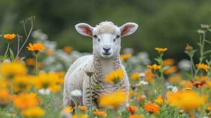 Fototapeta premium Cute white lamb grazing in a flower meadow