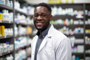 Fototapeta premium African American, a happy pharmacist, standing against the background of a stand with medicines