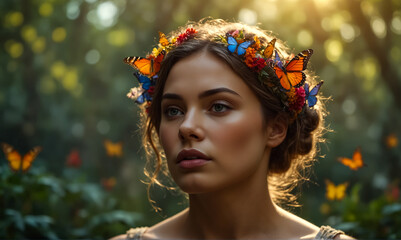 Portrait. A Beautiful Young Woman in the Forest with Colorful Butterflies on Her Head.
