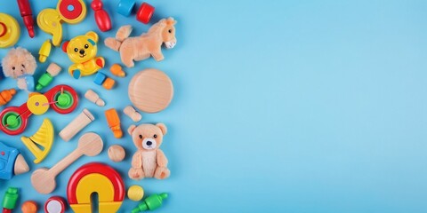 Top view, Baby kids toys on blue background. Colorful educational wooden and plastic toys. 