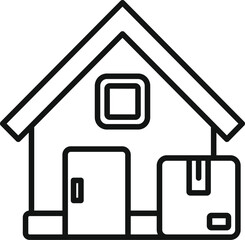 Black and white line drawing of a cozy home with a delivery box, symbolizing home delivery or moving