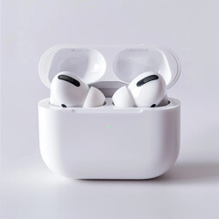 White wireless earbuds in an open case on a white background, reflecting modern design and high functionality.