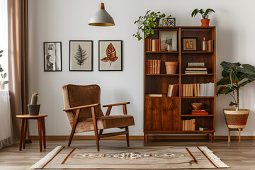 Stylish interior of living room with design brown armchair, wooden bookcase, pendant lamp, carpet decor, picture frames and elegant personal accessories in modern retro home decor.