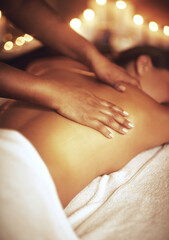 Woman, back and hands for massage in spa for wellness, pamper treatment and hospitality. Peace,...