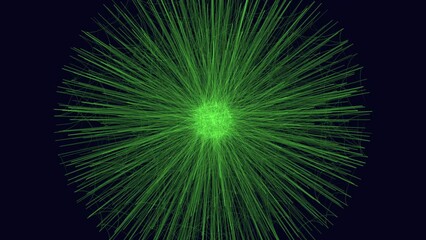 Vibrant green lines form a circular pattern, creating a lightning bolt shape amidst a dark blue backdrop. A striking image of energy and intensity