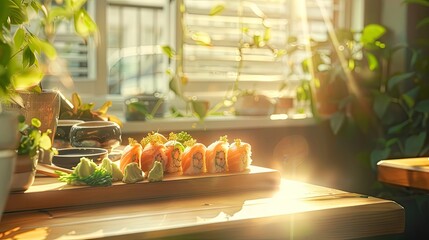 Sushi set and maki on the table and kitchen background with sunny rays for advertise  