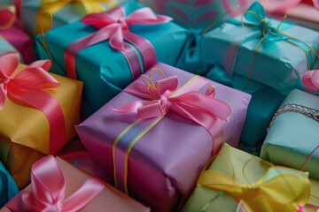 Vividly wrapped gift boxes in pink, blue, and yellow, ideal for festive or birthday scenes.

