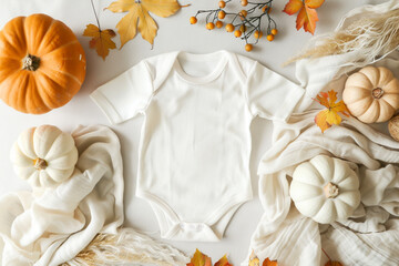White cotton baby bodysuit with autumn pumpkins and leaves and beige linen fabric on a white background with copy space, autumn pregnancy announcement mockup template, Generative AI	