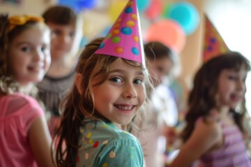 Charming little girl at a children's birthday party wearing a festive hat, embodying joy and celebration among friends.

