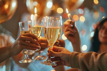 Celebratory toast with champagne among friends in a glowing atmosphere, capturing moments of joy and celebration.

