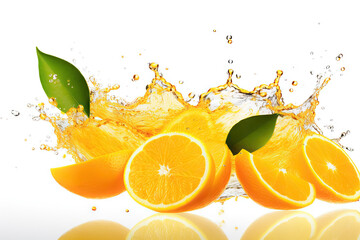 Freshly sliced oranges and lemons burst with splashes of water on a bright, clean background, capturing zestful freshness
