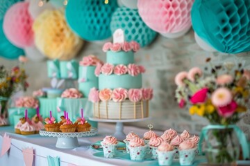 Exquisitely arranged dessert table with elegant cakes and cupcakes, perfect for weddings, parties, and festive gatherings.

