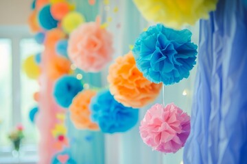 Vibrant and festive party decorations with colorful paper flowers and blue drapes, ideal for celebrations and special events.

