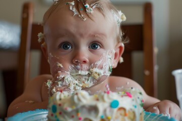Baby's first birthday party with a messy cake smash, showcasing joyful expressions and a playful atmosphere.

