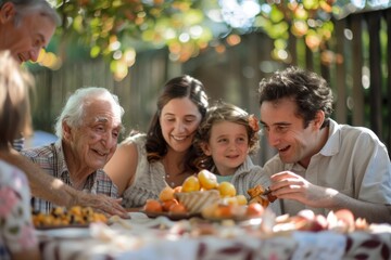 Family enjoying a sunny outdoor meal together, celebrating with smiles around a table filled with fresh food.

