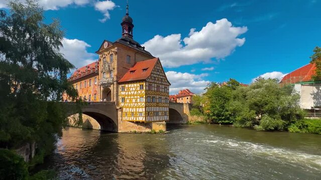 Medieval architecture of the historical center of Bamberg, Bavaria, Germany July 25, 2023. High quality 4k footage
