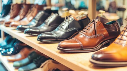 Row of men's classic leather shoes on the shelf on display at a store