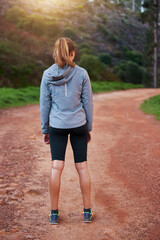 Fitness, nature and trail with runner woman outdoor from back for start of morning cardio workout....