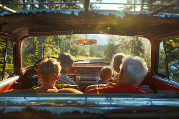 Family journey through scenic landscapes in a vintage car, sharing stories and laughter along the way.