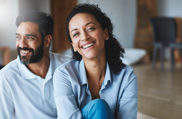 Couple, home and calm in portrait for relax with partner, happiness or memory with bonding. Man,...