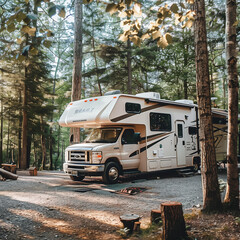 Brown RV Set Up for Camping Captured from a Side Angle