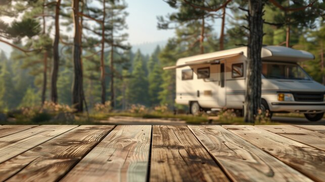 Wooden podium against perfect green camper site against natural background with wooden surface on foreground as showcase display