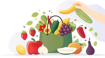 A grocery bag filled with fresh fruits and vegetables. The bag is green and the produce is colorful and healthy. The image is simple and uncluttered, with a white background.