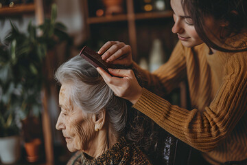 Unrecognizable female expressing care towards an elderly lady, brushing her hair with a comb. Granddaughter helping granny with a haircut. Family values concept. lose up, copy space,