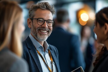 Fototapeta premium Smiling businessman engaging in conversation at a networking event. Professional interaction and corporate networking concept.