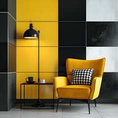 Beautiful and sophisticated living room in minimalist style in yellow and black colors matching your furniture