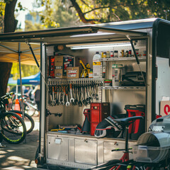 A Mobile Bike Repair Station with Wrenches and Lubricants for Cyclists