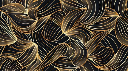 Vector linear golden leaves art deco pattern. Gold line elegant wavy texture, japanese style botanical illustration. 