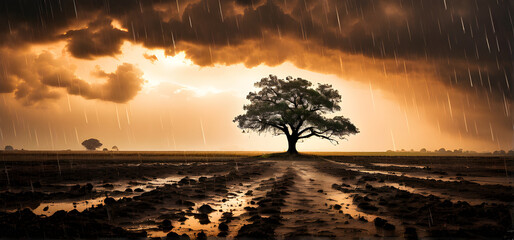 one lonely tree in a rainstorm