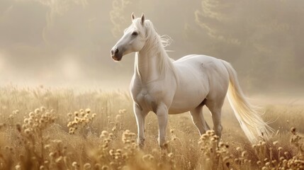 Beautiful gracious white horse standing in the field