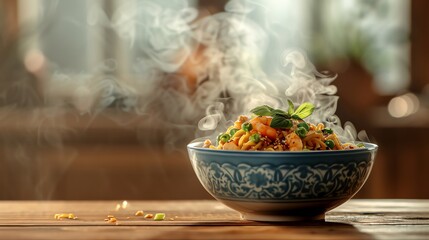 Noodles in Bowl on wooden table blurry background