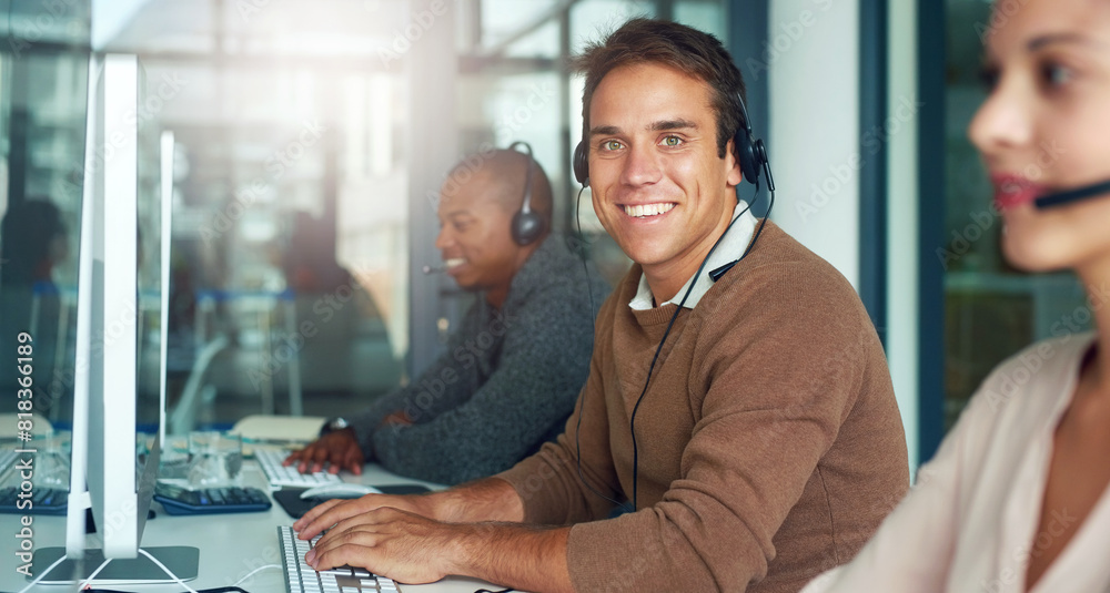 Aufkleber happy, man and portrait in call center for technical support and help in virtual customer care. empl