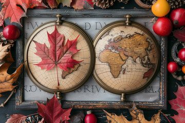 A globe and a leaf are on a table. The globe is surrounded by leaves and other objects