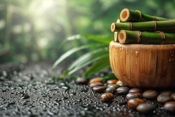 A bowl of bamboo shoots sits on a stone surface. The bamboo shoots are green and appear to be fresh. The stone surface is wet, and there are small rocks scattered around the bamboo - Powered by Adobe