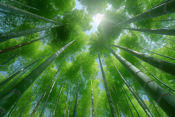 A forest of green bamboo trees with the sun shining through the leaves. The trees are tall and the...